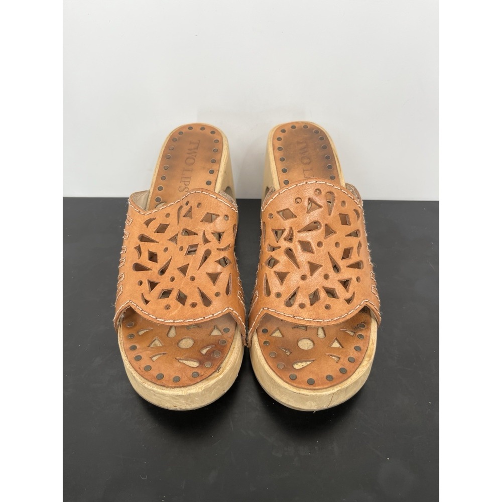 Y2K Vintage Wedge Sandals 5 Tan Leather Chunky Platform Wooden Block Heel Cutout